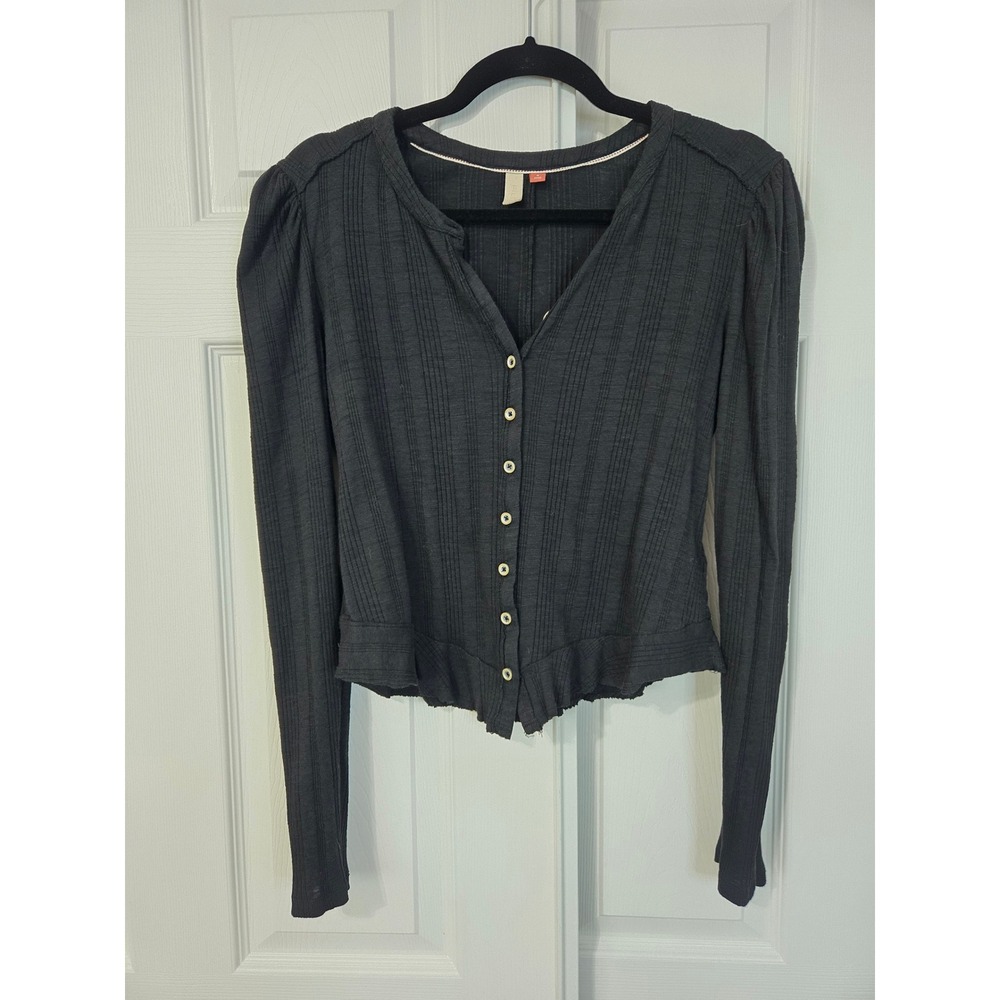 Pilcro Anthropologie Black Ribbed Button Front Thermal Crop Top Small